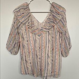 Skies Are Blue Melon Ruffled Blouse with Puff Sleeves and Low V-Neck Collar